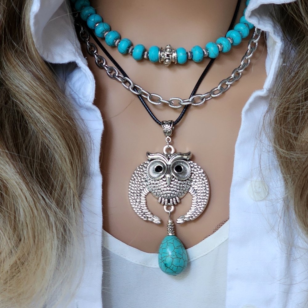 Owl Large Ethnic Silver Pendant Black Cord Boho Hypoallergenic Necklace